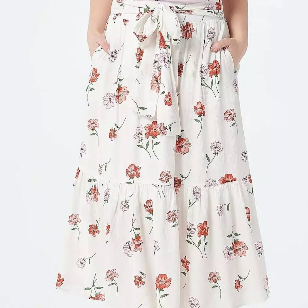 Gibson White Floral Crinkle Tiered Belted Midi Skirt in Size 3X